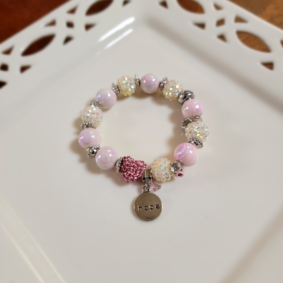 BREAST CANCER STRETCH BRACELET PINK & WHITE CRYSTAL BNIP - Picture 7 of 7